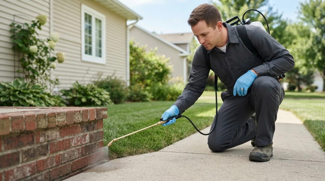Pest control technician treating a home near Brenham, TX