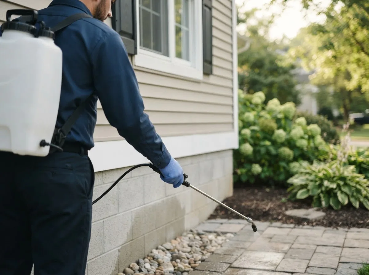 Pest control technician inspecting a home in Brenham, TX